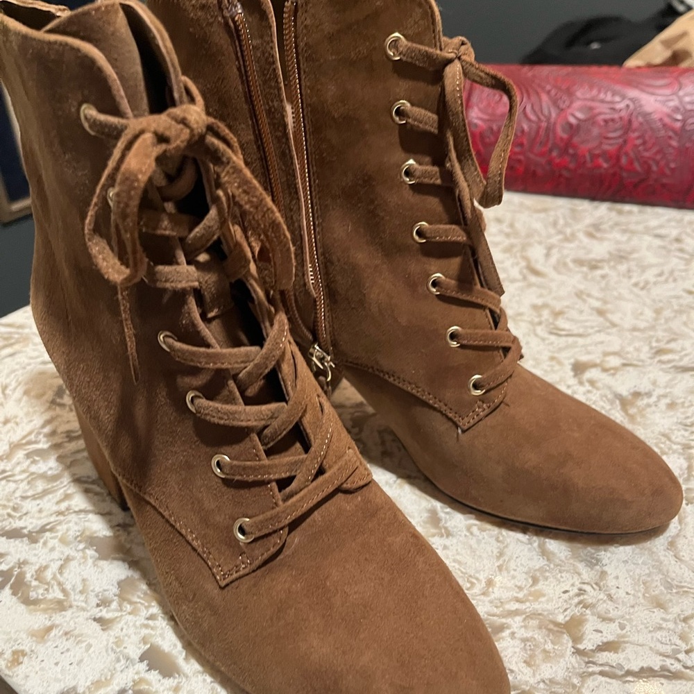 J. Crew block heel brown suede lace up boots, size US6.5. Barely worn!